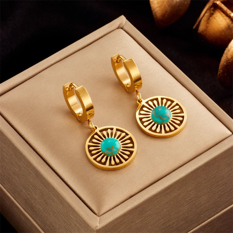 316L Stainless Steel Green Stone Hoop Earrings Vintage Ethnic Ear Jewelry