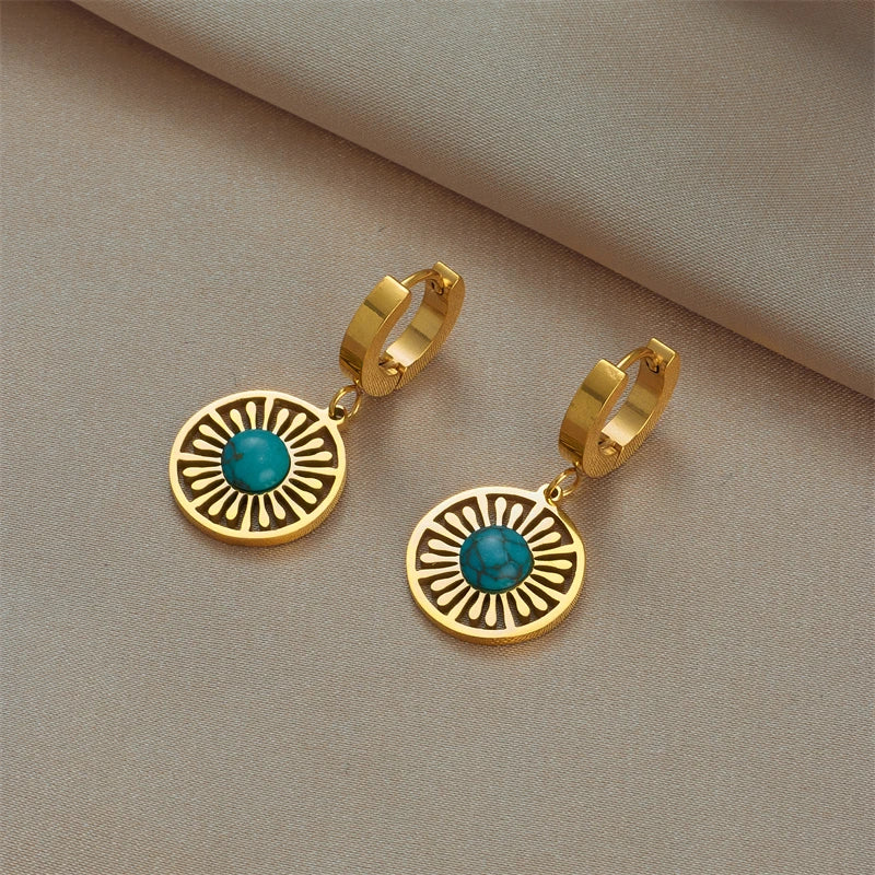 316L Stainless Steel Green Stone Hoop Earrings Vintage Ethnic Ear Jewelry