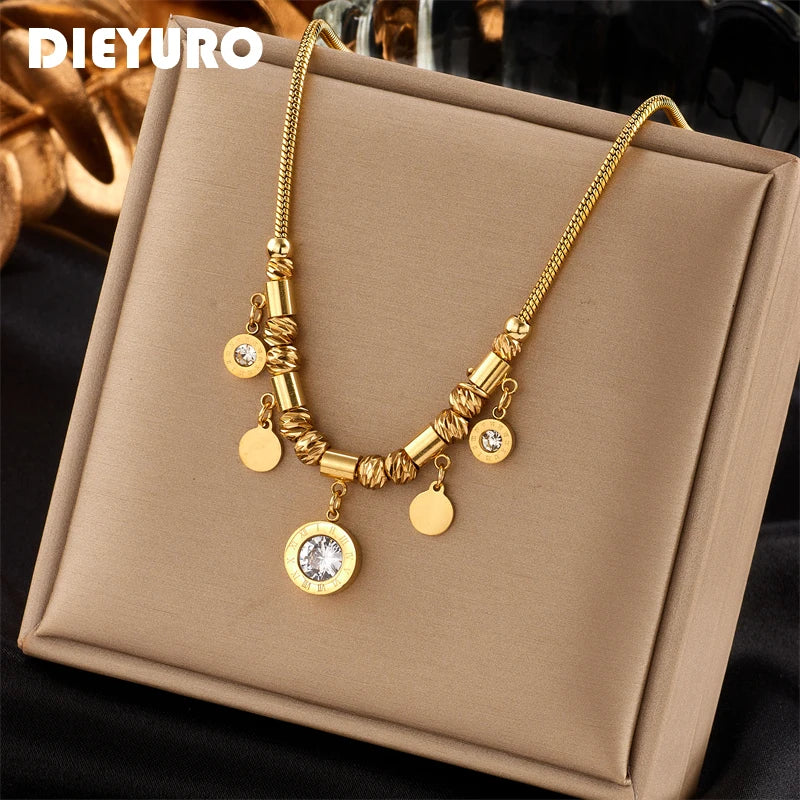 316L Stainless Steel Roman Numeral Zircon Necklace Vintage Ladies Chain Jewelry