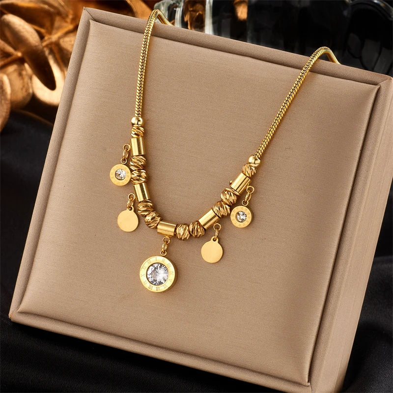 316L Stainless Steel Roman Numeral Zircon Necklace Vintage Ladies Chain Jewelry