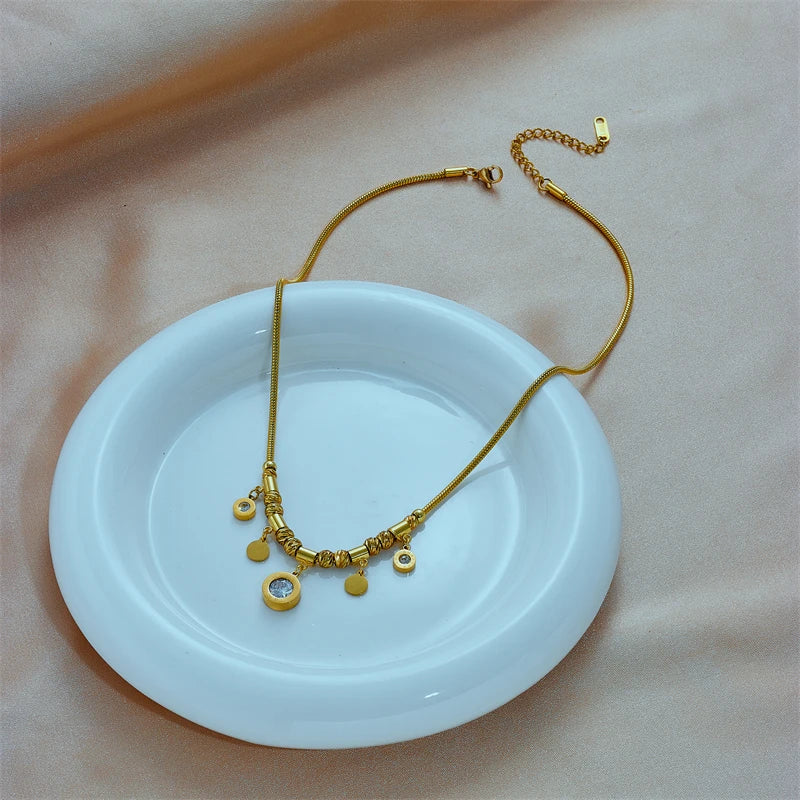 316L Stainless Steel Roman Numeral Zircon Necklace Vintage Ladies Chain Jewelry
