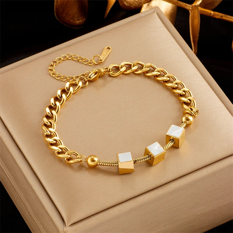 316L Stainless Steel Cube Charm Bracelet For Women Girls Birthday