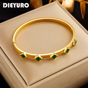 316L Stainless Steel Square Green Crystal Bangles Bracelet For Women Girls