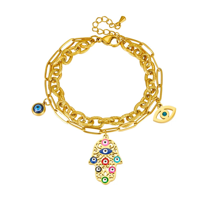 Vintage Palm Eyes Charm Bracelet For Women Multilayer Wrist Chain Jewelry