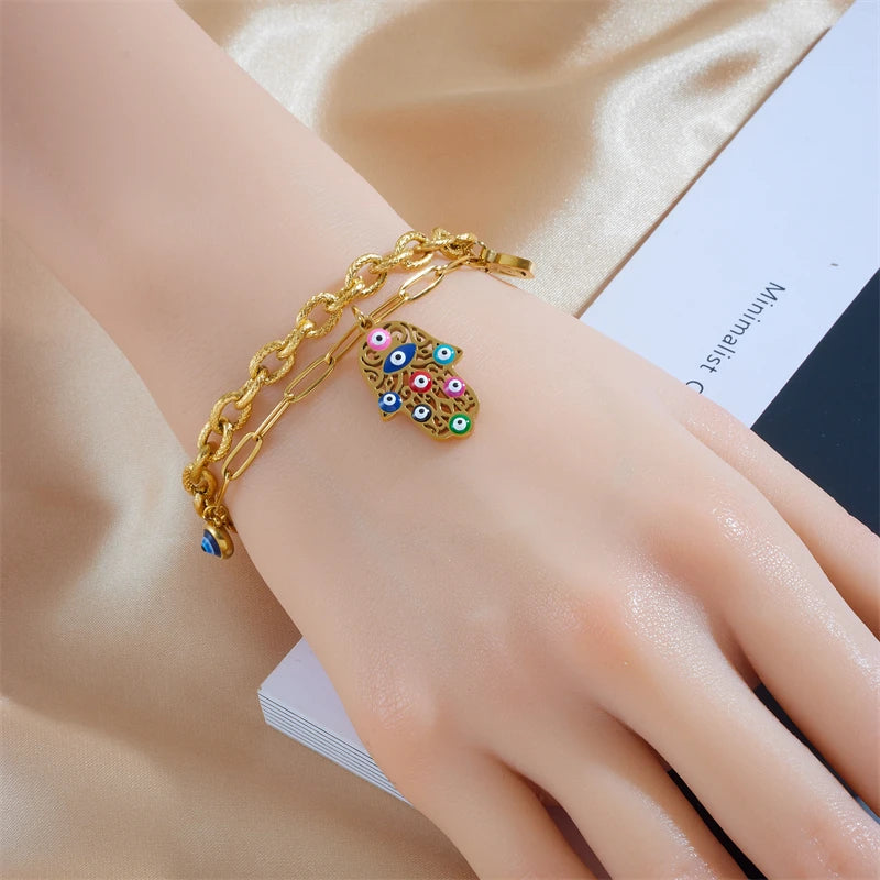 Vintage Palm Eyes Charm Bracelet For Women Multilayer Wrist Chain Jewelry