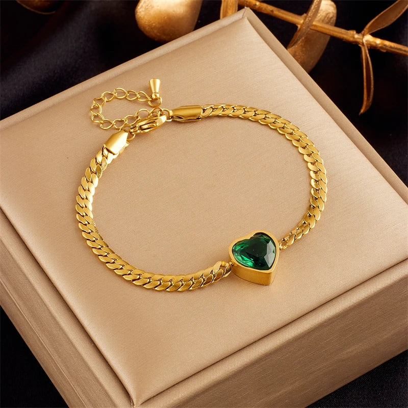 316L Stainless Steel Green Heart Crystal Charm Bracelet