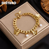 316L Stainless Steel Butterfly Pearl Charm Bracelet Punk Wrist Jewelry