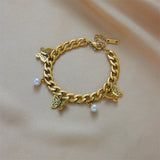 316L Stainless Steel Butterfly Pearl Charm Bracelet Punk Wrist Jewelry