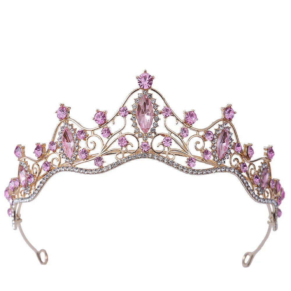 Green Pink Crystal Crown Tiara for Women Girls Party Bridal Hair Jewelry