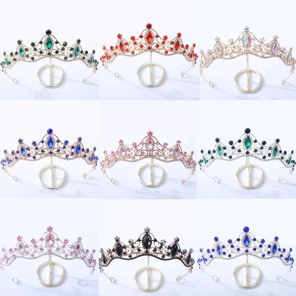 Green Pink Crystal Crown Tiara for Women Girls Party Bridal Hair Jewelry