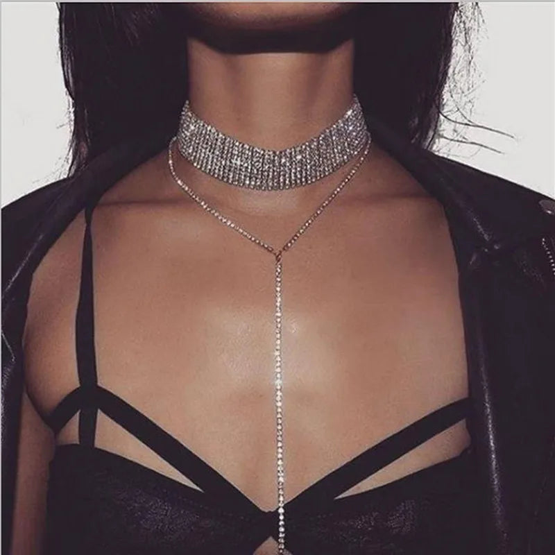 Crystal Choker Necklace Rhinestone Double-Strand Bridal Jewelry