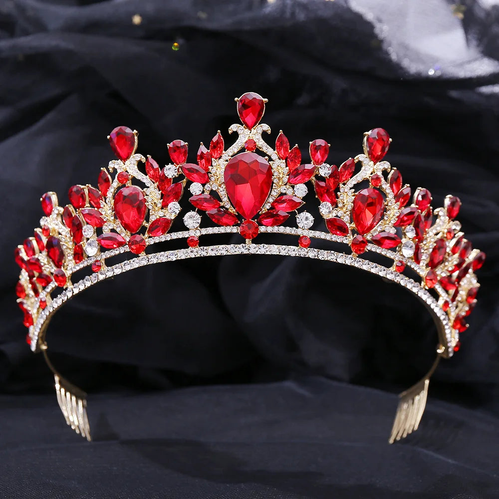Baroque Vintage Red Crystal Crown Bride Tiara Wedding Princess Headpiece