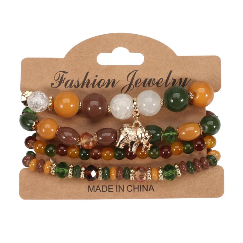 Bohemian Crystal Beads Bracelet Elephant Charm Elastic Rope Bracelet