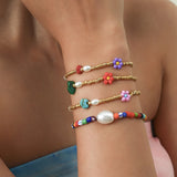Boho Baroque Pearl Beads Strand Bracelet Multicolor Acrylic Flower Bracelet Set