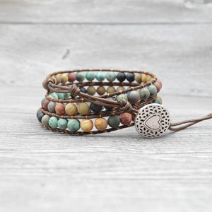 Boho Leather Multicolor Bracelet Natural Stone Beads Wrap Men Bracelets