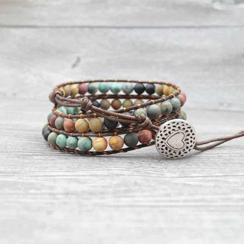 Boho Leather Multicolor Bracelet Natural Stone Beads Wrap Men Bracelets