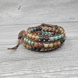 Boho Leather Multicolor Bracelet Natural Stone Beads Wrap Men Bracelets