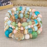 Bohemian Multicolor Crystal Beads Strand Bracelet with Heart Tree Of Life Charm