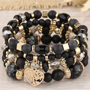 Bohemian Multicolor Crystal Beads Strand Bracelet with Heart Tree Of Life Charm