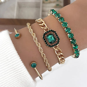 Punk Green Rhinestone Charm Bracelets Set