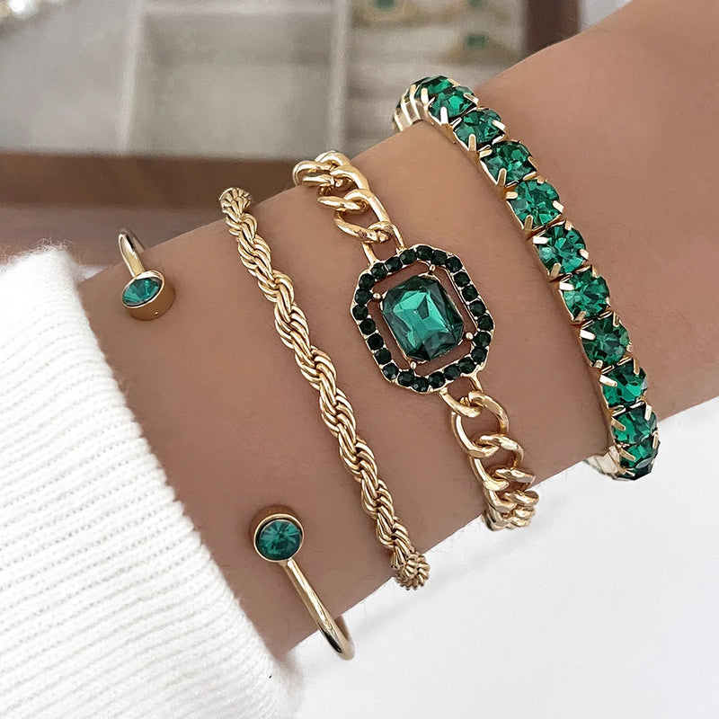 Punk Green Rhinestone Charm Bracelets Set