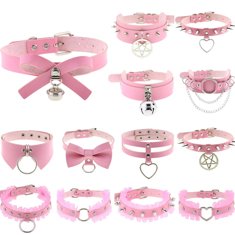 Pink PU Leather Choker Torques Necklace with Bowknot Heart Pendant
