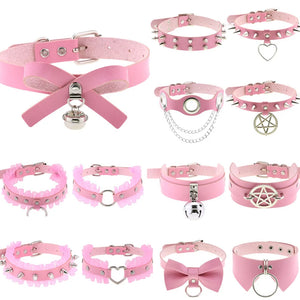 Pink PU Leather Choker Torques Necklace with Bowknot Heart Pendant