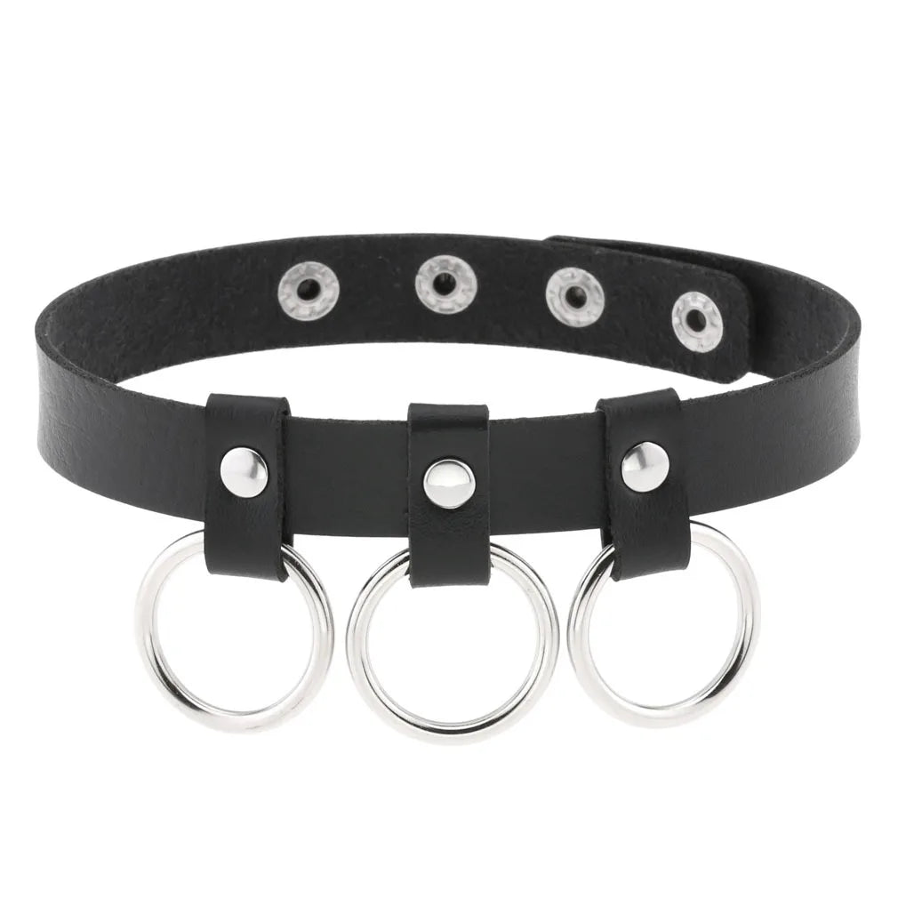 Gothic Leather Choker Necklace Vintage Three Circle Pendant Torques Jewelry