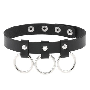 Gothic Leather Choker Necklace Vintage Three Circle Pendant Torques Jewelry