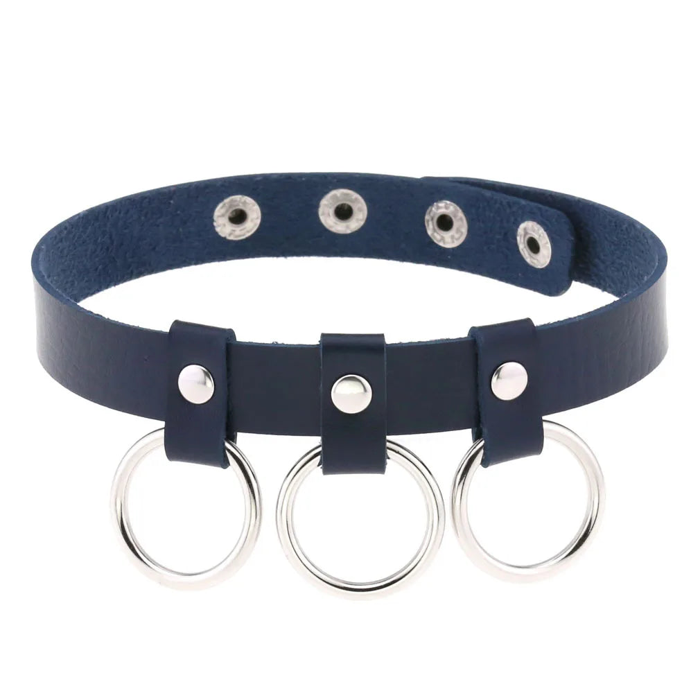Gothic Leather Choker Necklace Vintage Three Circle Pendant Torques Jewelry