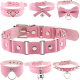 Harajuku Bowknot Ball Heart Choker Necklace Gothic Pink PU Leather