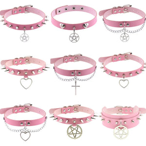 Harajuku Pink PU Leather Choker Necklace for Women Men