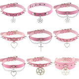 Harajuku Pink PU Leather Choker Necklace for Women Men