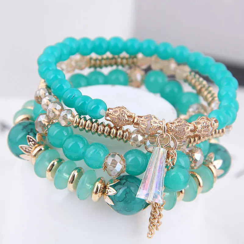 Ethnic Crystal Beads Bracelets for Women Girls Elastic Rope Tassel Wrap Bracelet