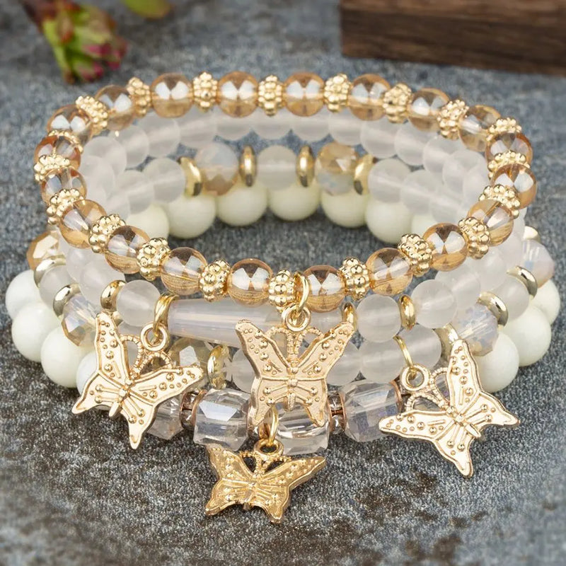 Bohemian Crystal Beads Strand Bracelets with Butterfly Charm