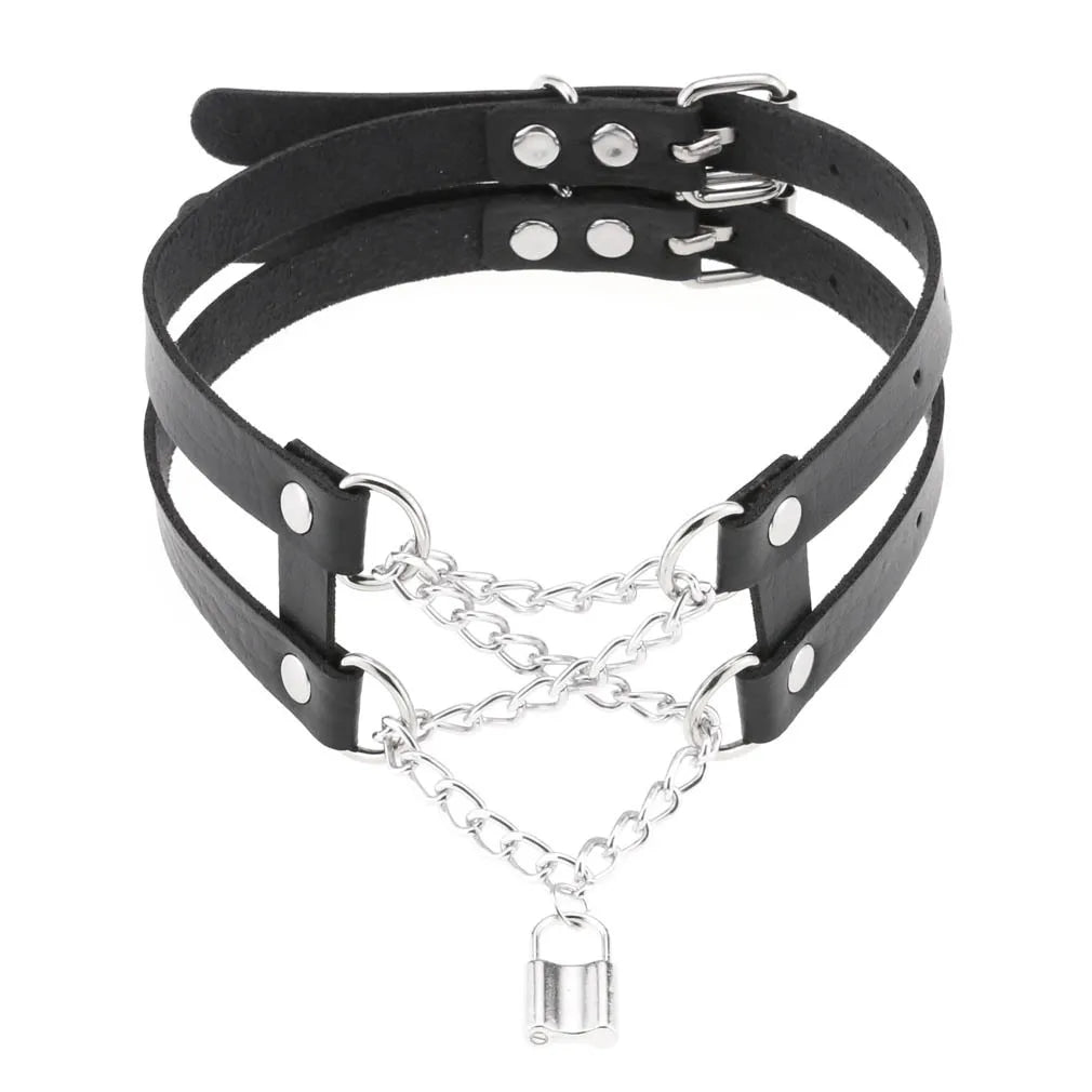 Gothic Leather Choker Chain Necklace Vintage Lock Pendant Torques Jewelry