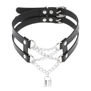 Gothic Leather Choker Chain Necklace Vintage Lock Pendant Torques Jewelry