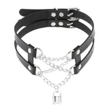Gothic Leather Choker Chain Necklace Vintage Lock Pendant Torques Jewelry