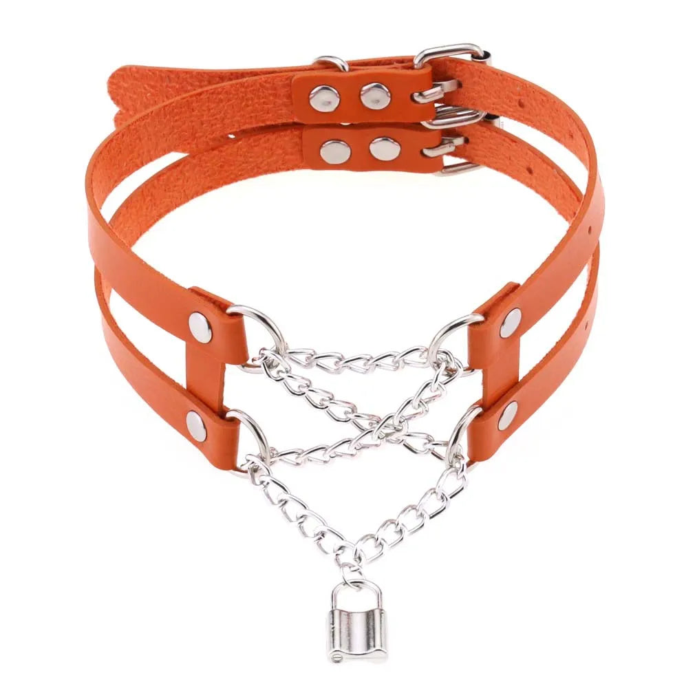 Gothic Leather Choker Chain Necklace Vintage Lock Pendant Torques Jewelry
