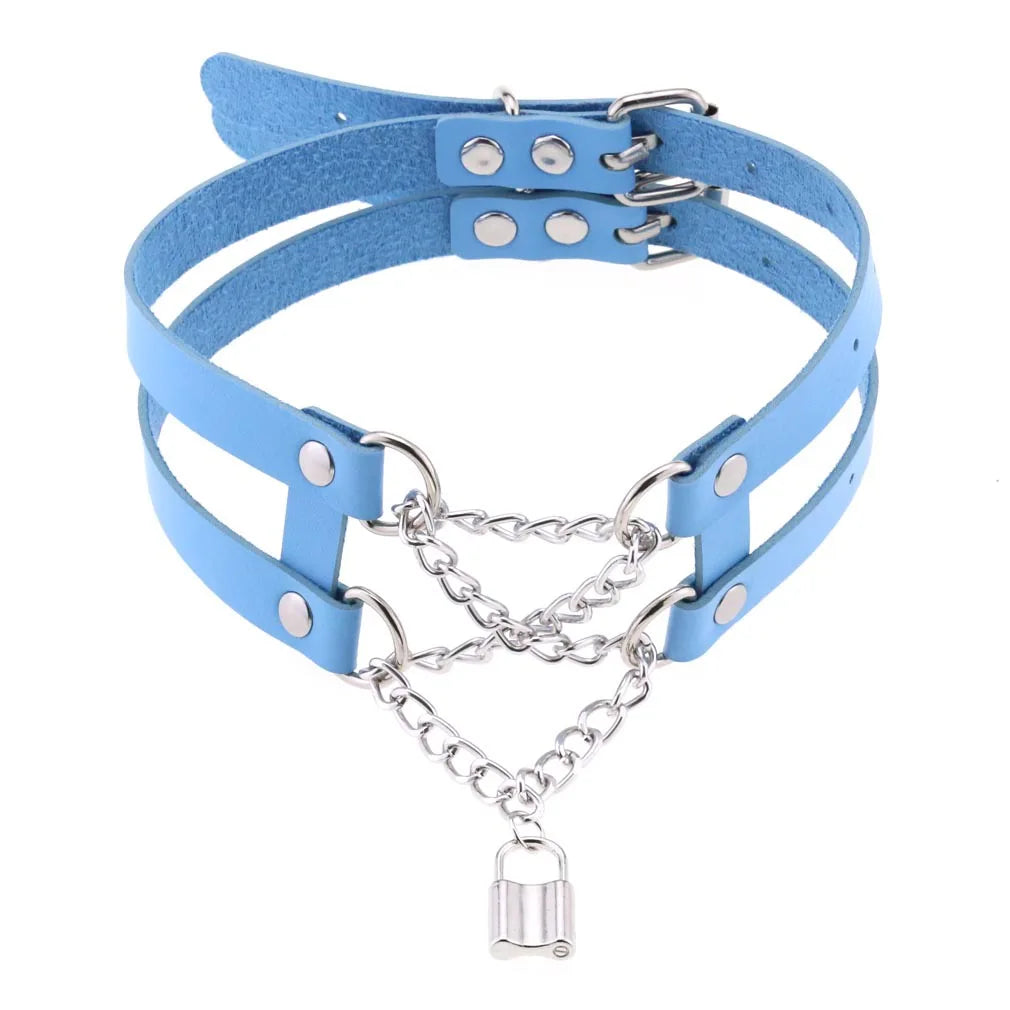 Gothic Leather Choker Chain Necklace Vintage Lock Pendant Torques Jewelry