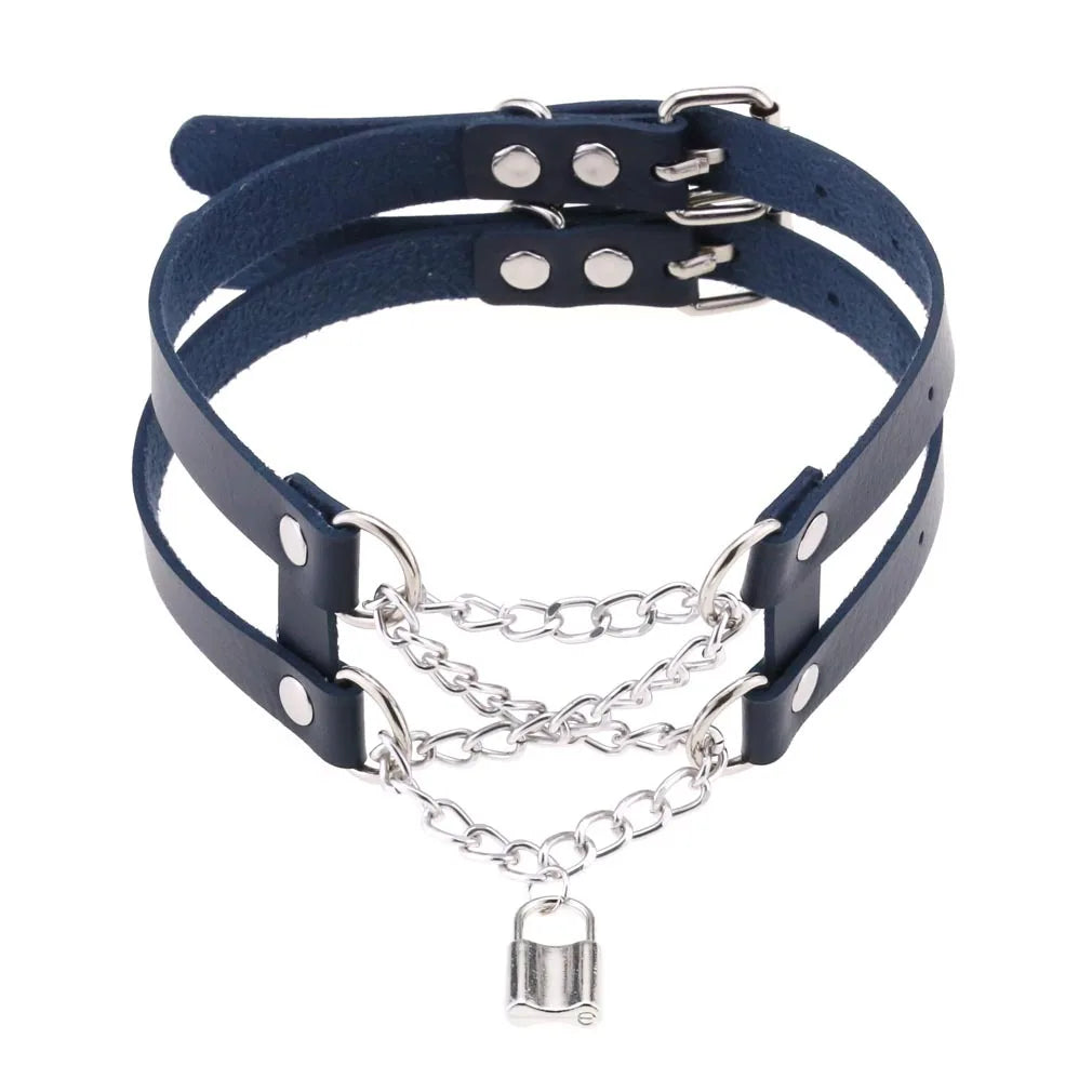 Gothic Leather Choker Chain Necklace Vintage Lock Pendant Torques Jewelry