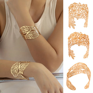 Punk Hollow Out Cuff Wide Bangles Silver Leaves Flower Bangle