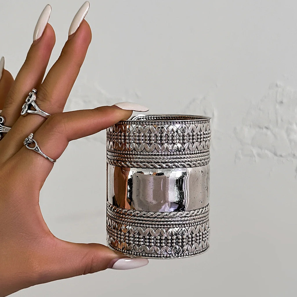 Vintage Punk Silver Carved Cuff Bangle for Women