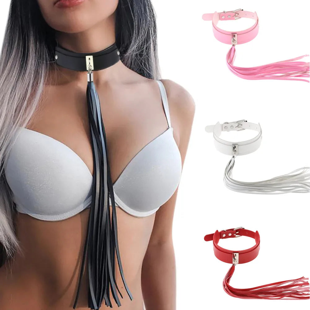 Punk Gothic Leather Tassel Choker Necklace Vintage Statement