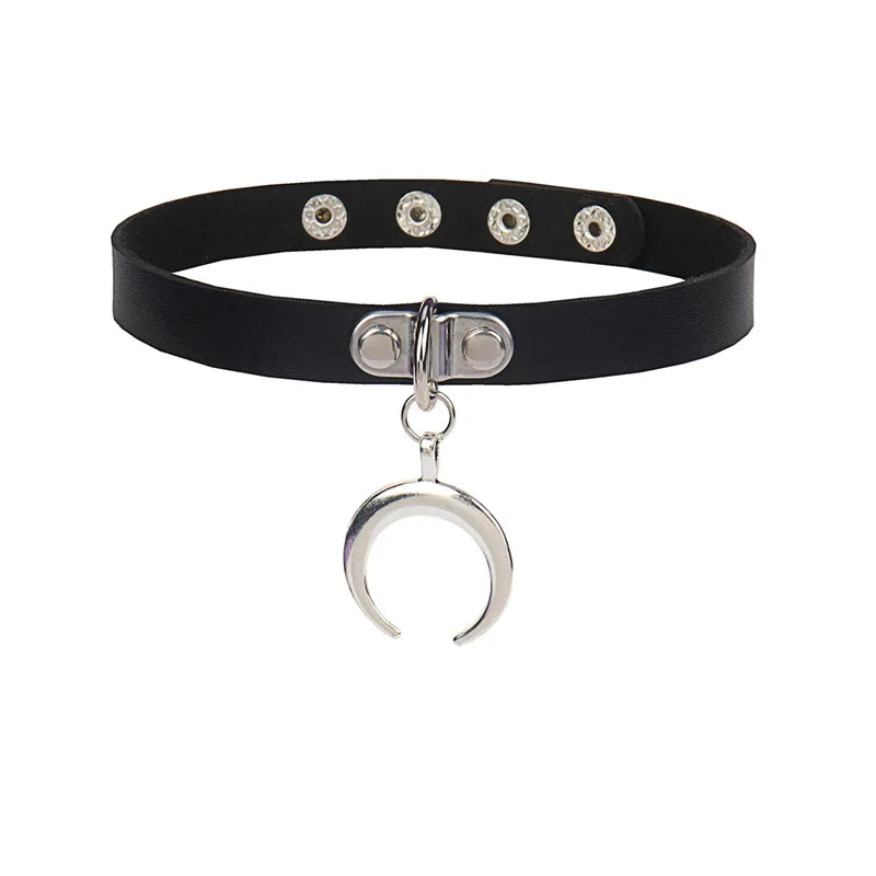 Gothic Rivet Leather Necklace Cat Head Pendant Choker