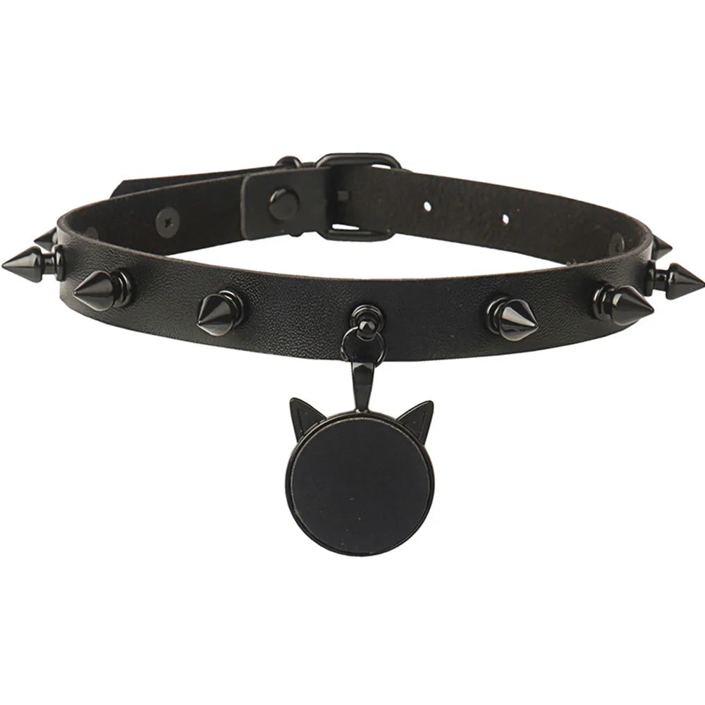 Gothic Rivet Leather Necklace Cat Head Pendant Choker
