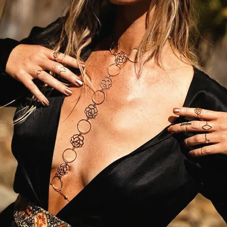Vintage Boho Beach Silver Body Chain Jewelry Flower Sexy Bikini Necklace