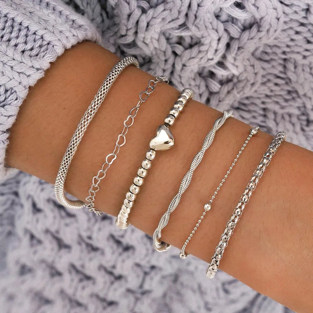 Vintage Multilayer Silver Heart Beads Bracelet Bangle Sets For Women Men