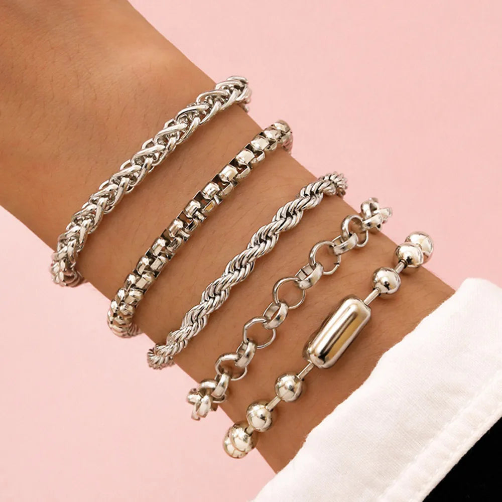 Vintage Multilayer Silver Heart Beads Bracelet Bangle Sets For Women Men