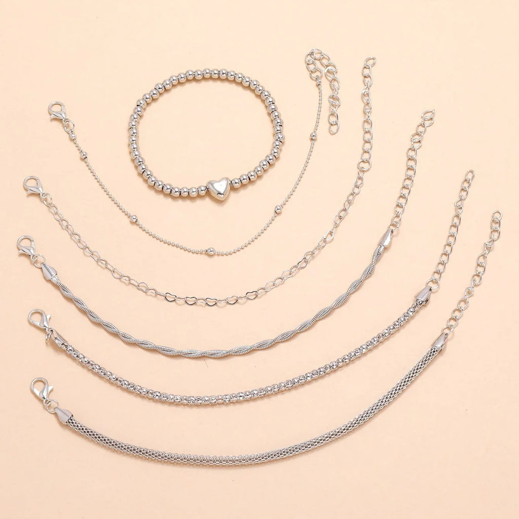Vintage Multilayer Silver Heart Beads Bracelet Bangle Sets For Women Men